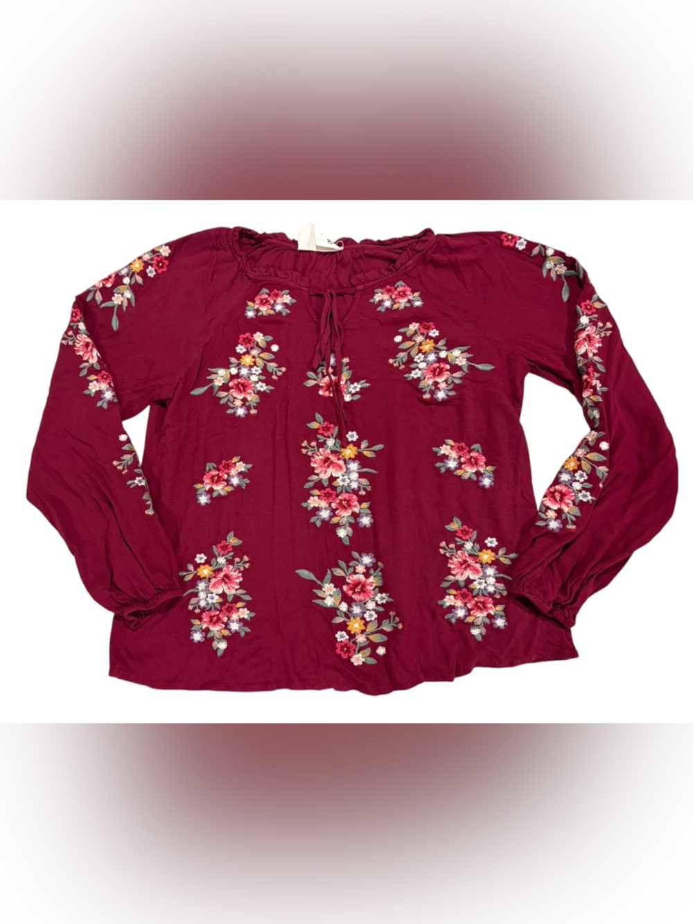 Savanna Jane Embroidered Burgundy Floral Long-Sleeve Peasant Top Size Large